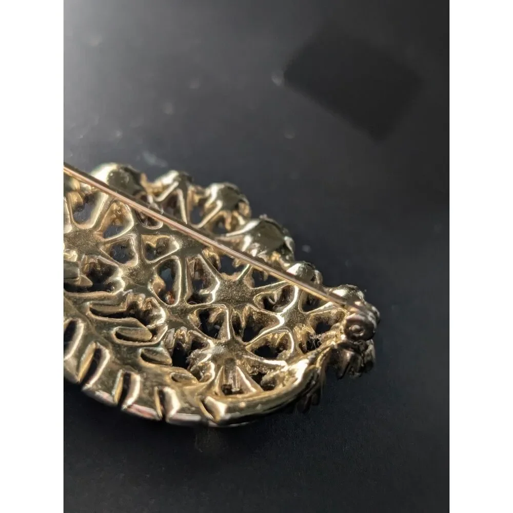 Vintage AB Rhinestone Leaf Brooch Gold Tone Signed C Missing Stones
